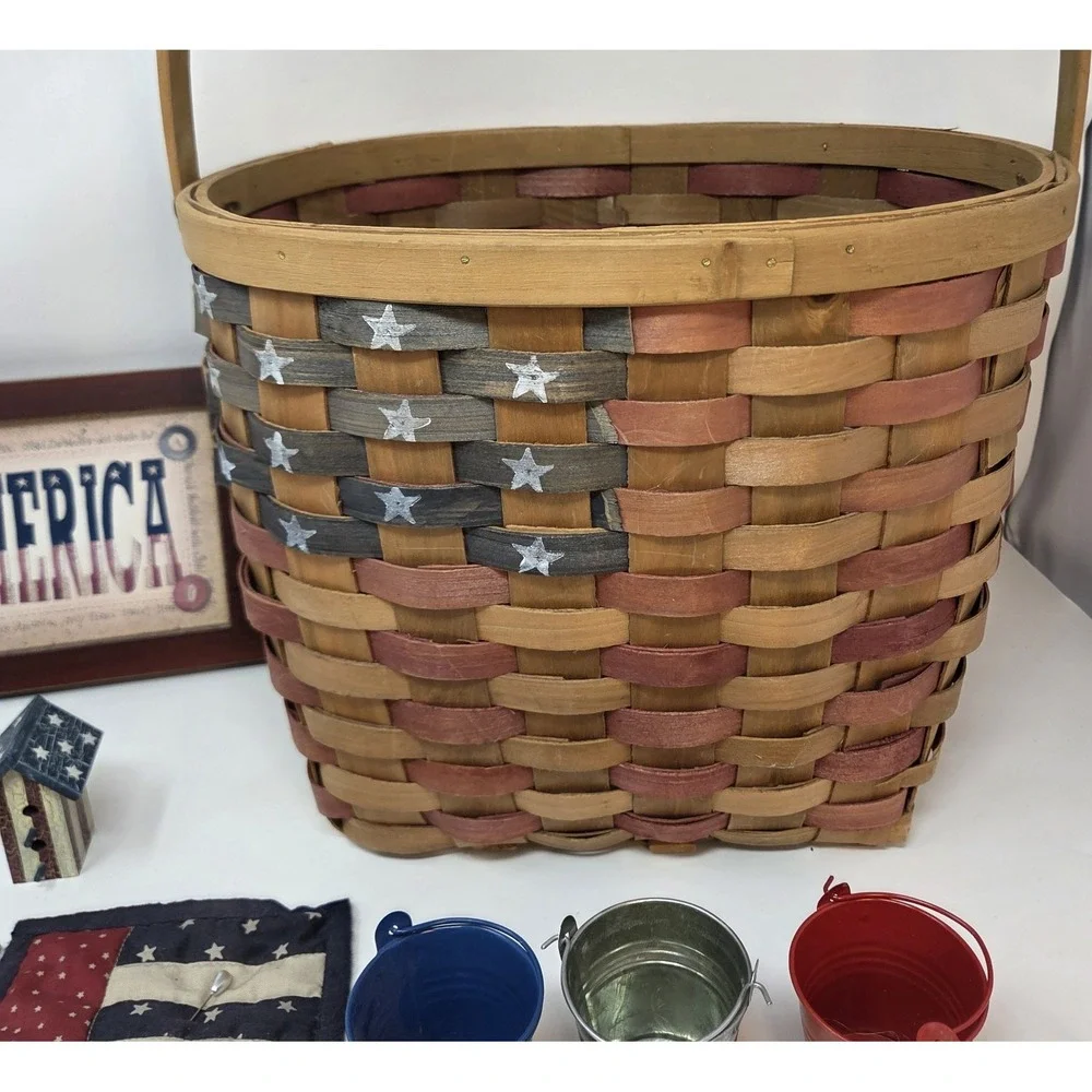 Primitive Americana Patriotic Decor Lot 7pc Basket Sign Birdhouse Star Pails